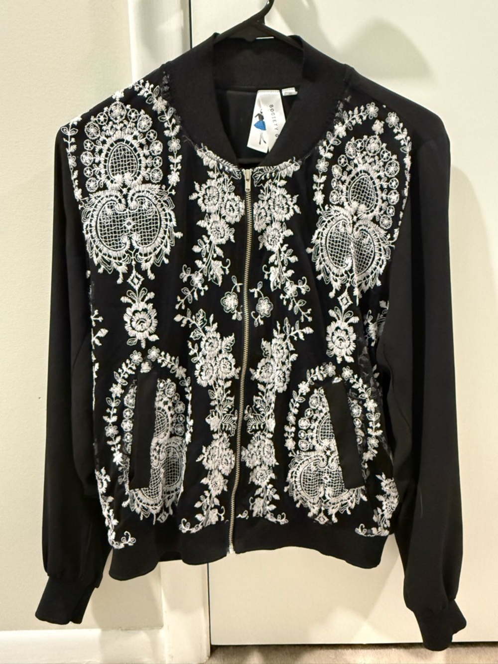 Society Girl Embroidered Black Bomber Jacket